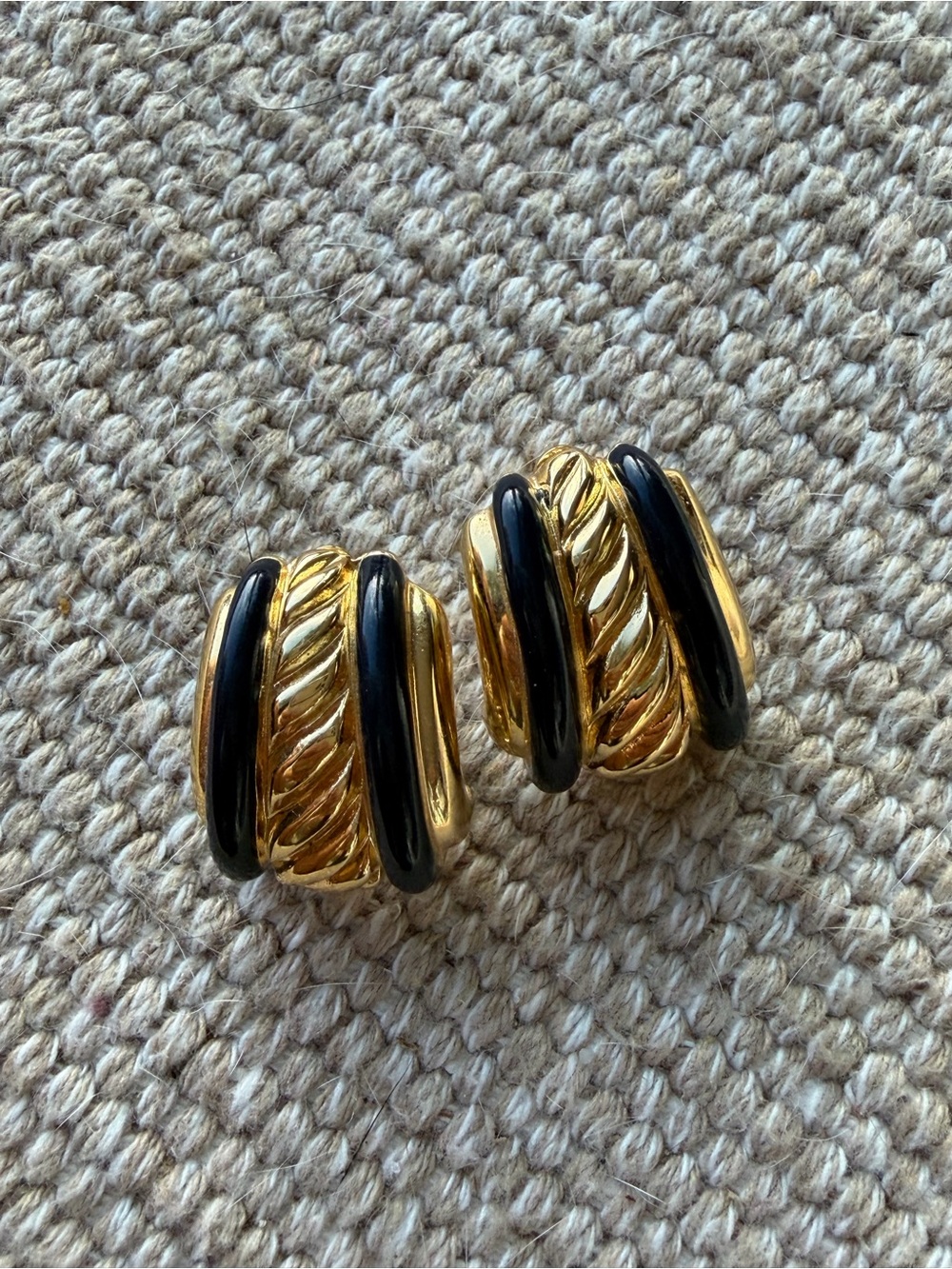 Vintage St. John Gold and Black Enamel Fluted Dome Hoop Clip-On Earrings